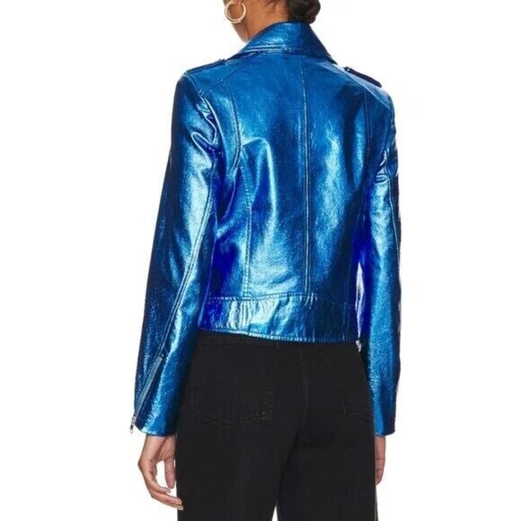 7 For All Mankind Metallic Moto Jacket Faux Leather Women's Medium New With Tag - Picture 3 of 4